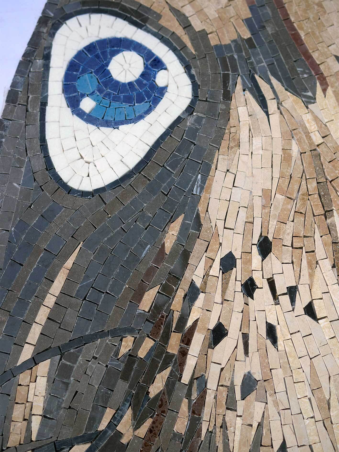 Detailed Marine Seal Face Mosaic Art - Natural Stone Animal Portrait with Blue Eyes
