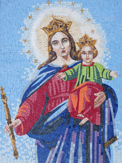 Handmade Natural Marble Virgin Mary and Child Mosaic | Queen of Heaven Religious Icon
