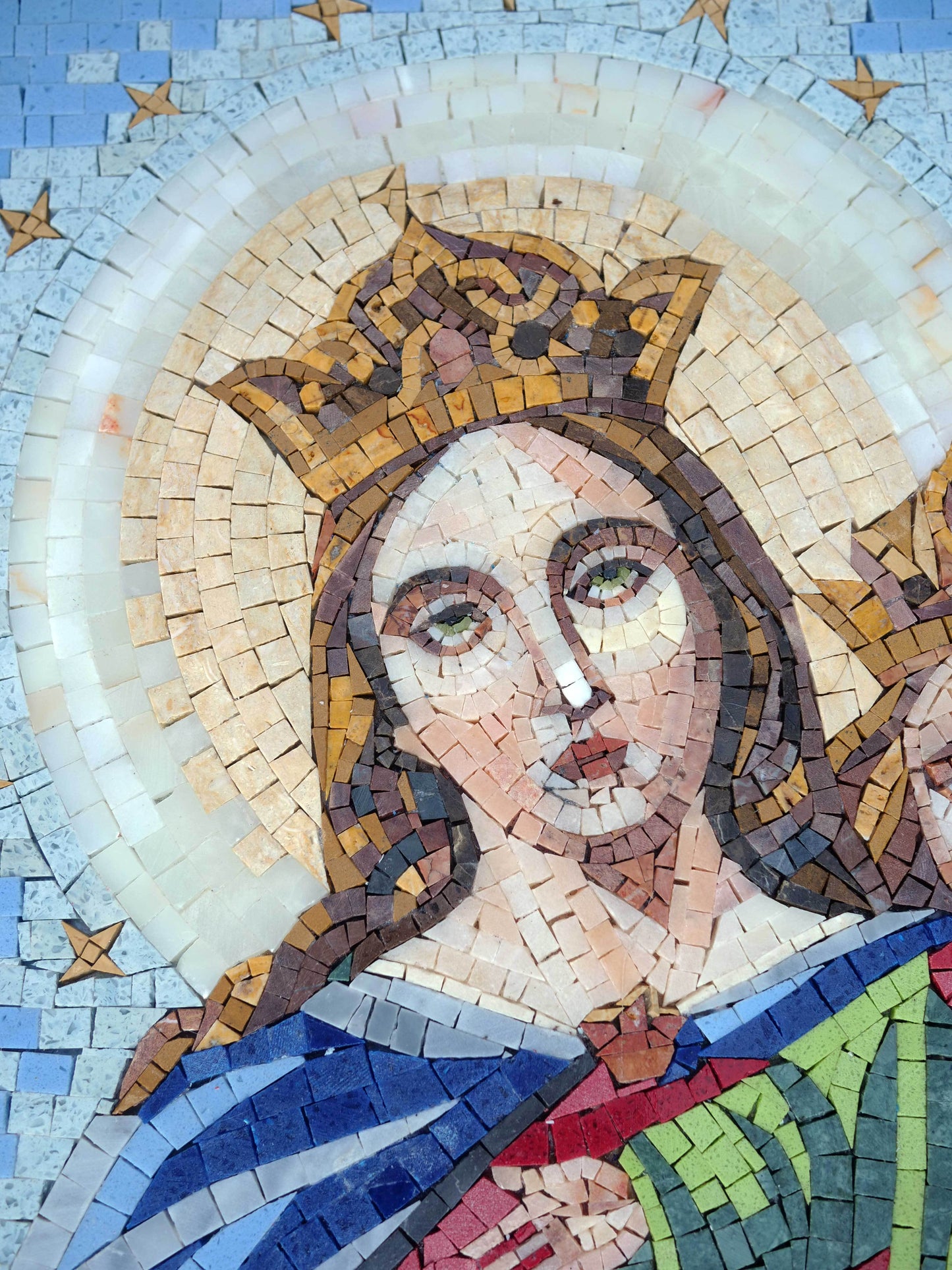 Handmade Natural Marble Virgin Mary and Child Mosaic | Queen of Heaven Religious Icon