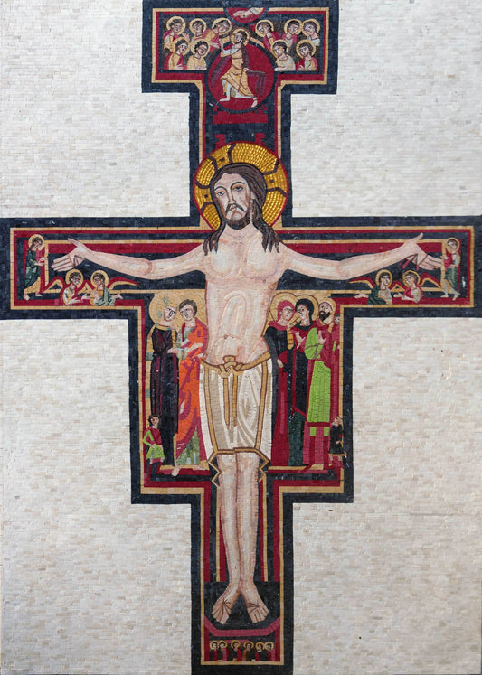 Handmade Natural Marble Crucifixion Cross Mosaic Mural | Byzantine Religious Icon Art