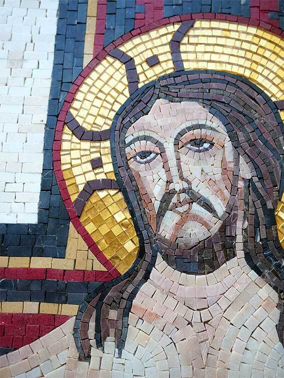 Handmade Natural Marble Crucifixion Cross Mosaic Mural | Byzantine Religious Icon Art