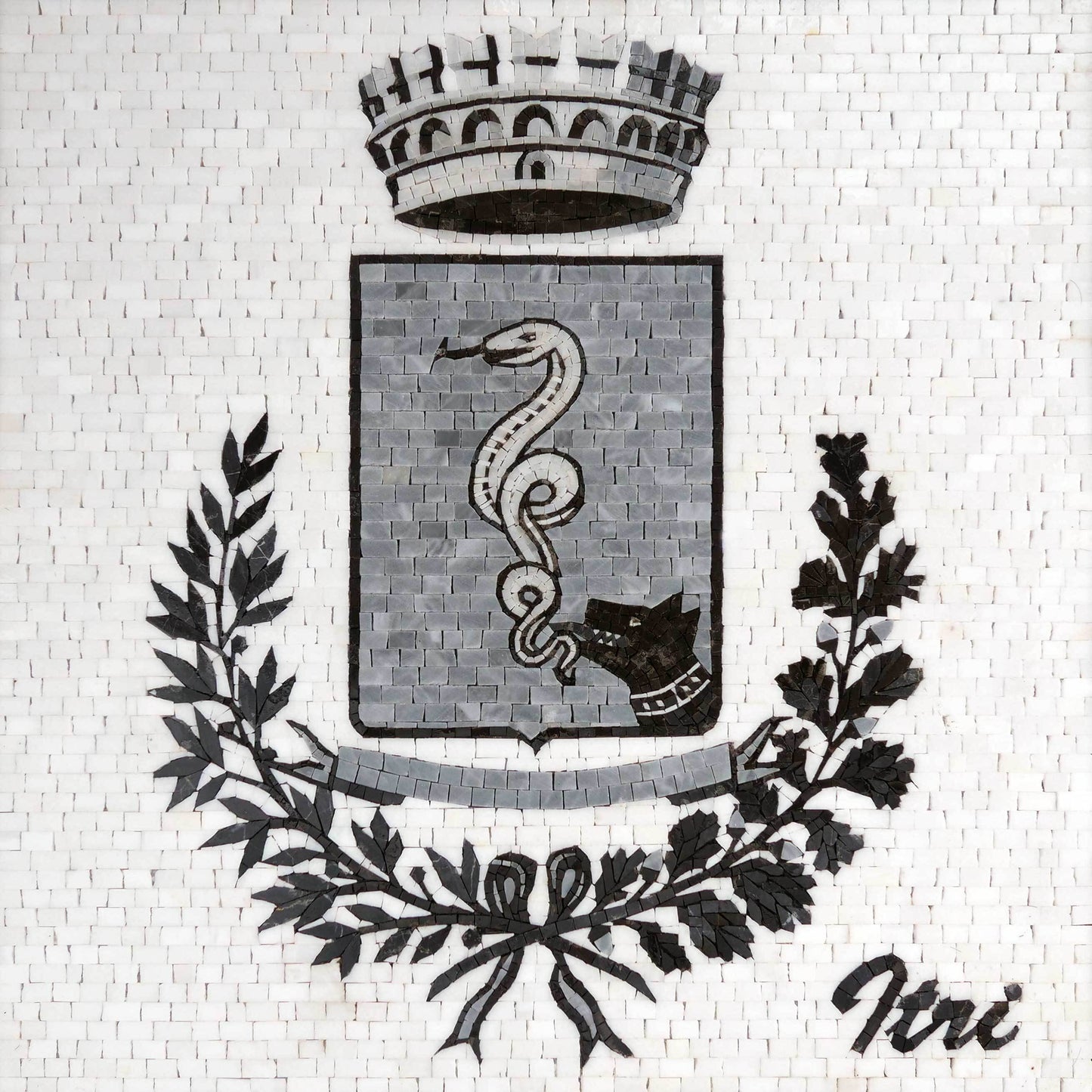 Custom Town or Family Coat of Arms Mosaic Art - Heraldic Crown and Snake/Dog Shield Mosaic Tiles