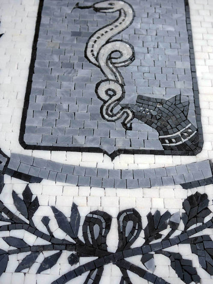 Custom Town or Family Coat of Arms Mosaic Art - Heraldic Crown and Snake/Dog Shield Mosaic Tiles