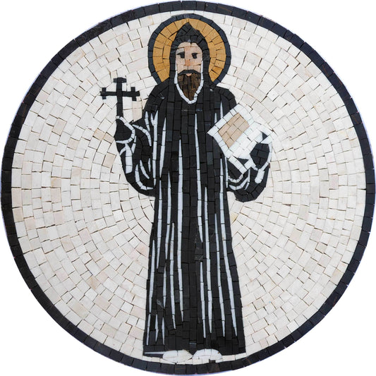 Saint or Monk Religious Medallion Mosaic Art - Custom Black Robe Iconography Mosaic Tiles