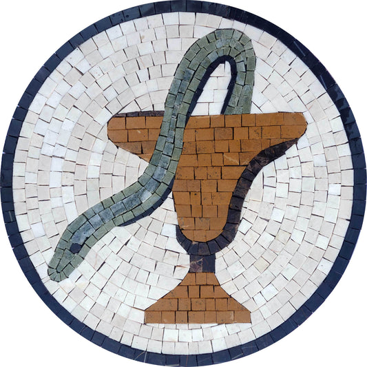 Apothecary Caduceus Mosaic Art Medallion - Bowl of Hygieia Symbol for Pharmacy Floor Mosaic