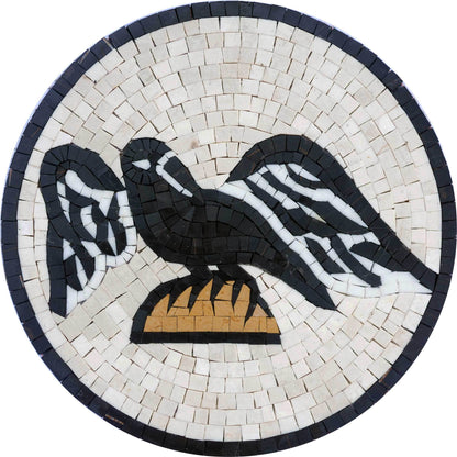 Heraldic Black Eagle Medallion Mosaic Art - Roman or Imperial Floor Mosaic with Black and White Mosaic Tiles