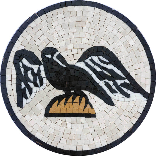 Heraldic Black Eagle Medallion Mosaic Art - Roman or Imperial Floor Mosaic with Black and White Mosaic Tiles