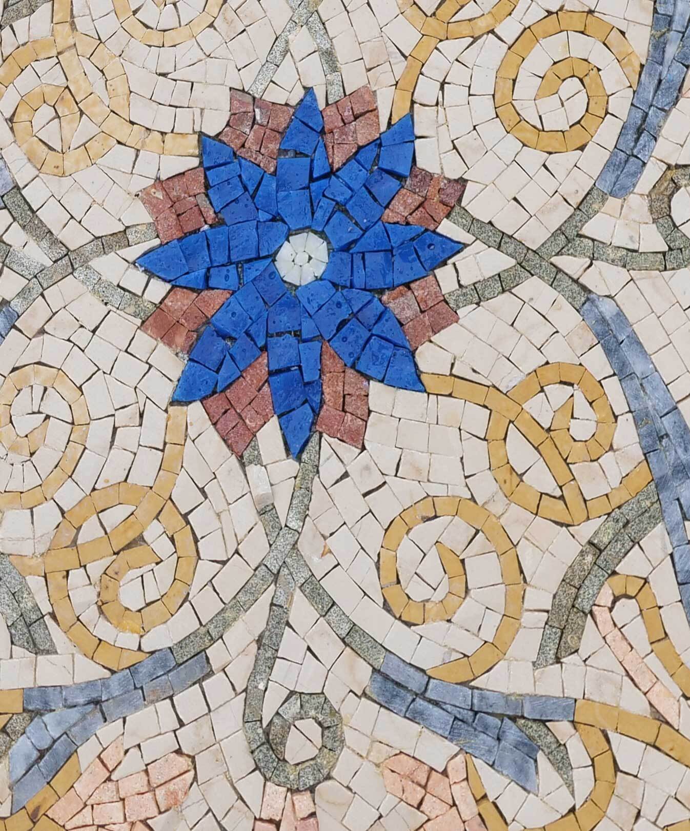 Detailed Blue Central Flower Floral Mosaic Tile Panel - Baroque Scrollwork and Swirl Design
