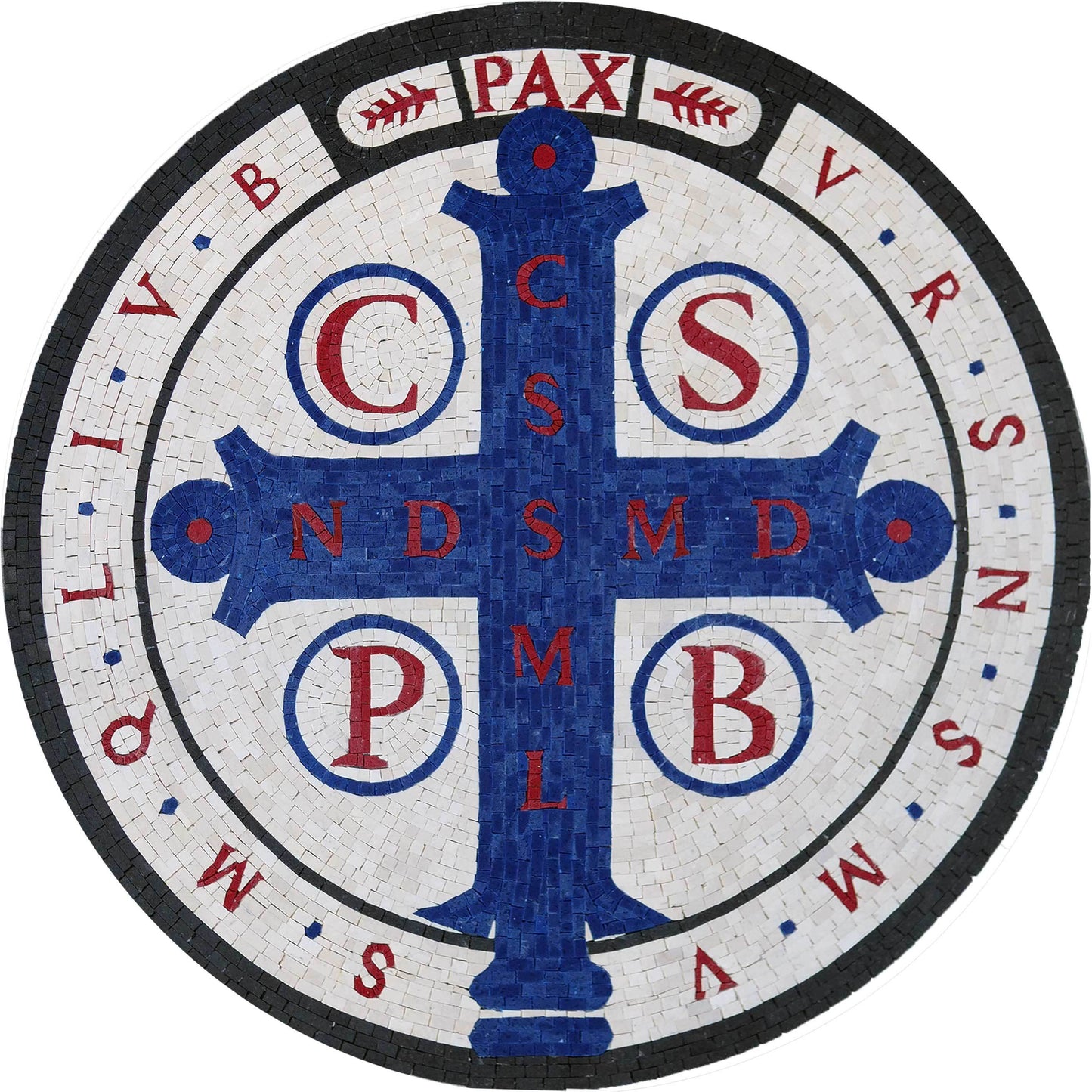 Handmade Natural Marble St. Benedict Medal Mosaic | Protective Cross Medallion Art