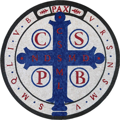 Handmade Natural Marble St. Benedict Medal Mosaic | Protective Cross Medallion Art