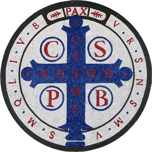 Handmade Natural Marble St. Benedict Medal Mosaic | Protective Cross Medallion Art