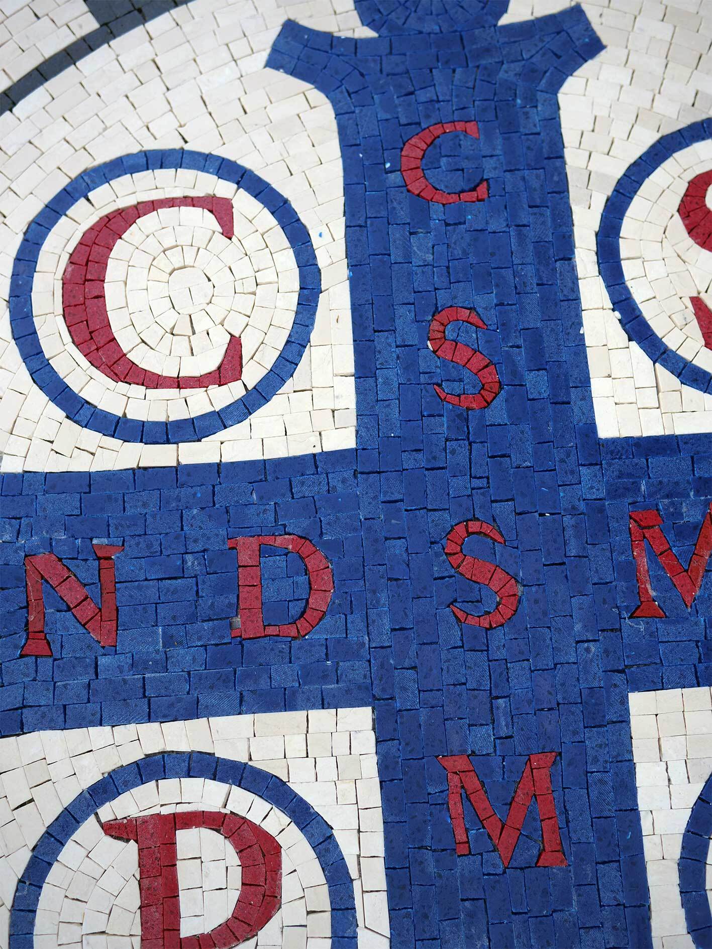 Handmade Natural Marble St. Benedict Medal Mosaic | Protective Cross Medallion Art