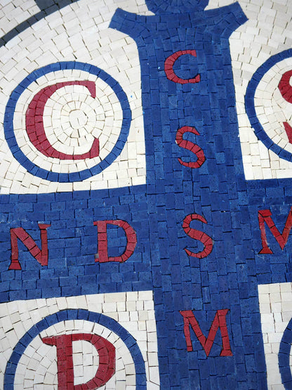 Handmade Natural Marble St. Benedict Medal Mosaic | Protective Cross Medallion Art