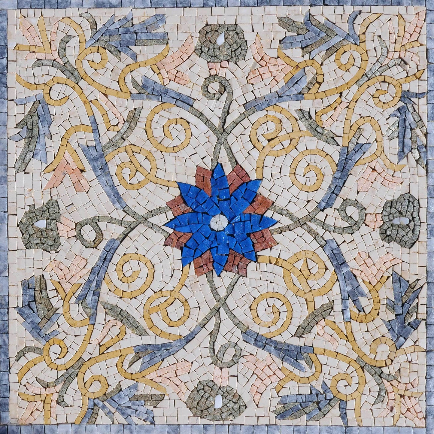 Detailed Blue Central Flower Floral Mosaic Tile Panel - Baroque Scrollwork and Swirl Design