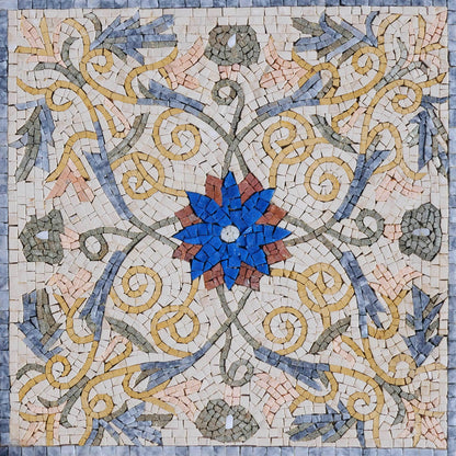 Detailed Blue Central Flower Floral Mosaic Tile Panel - Baroque Scrollwork and Swirl Design