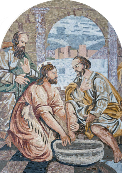 Handmade Natural Marble Jesus Washing Feet Mosaic | Biblical Scene Religious Wall Art