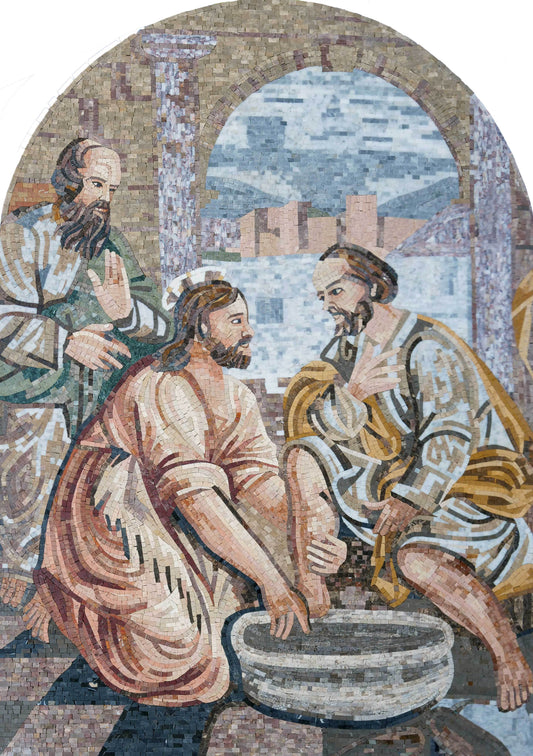 Handmade Natural Marble Jesus Washing Feet Mosaic | Biblical Scene Religious Wall Art