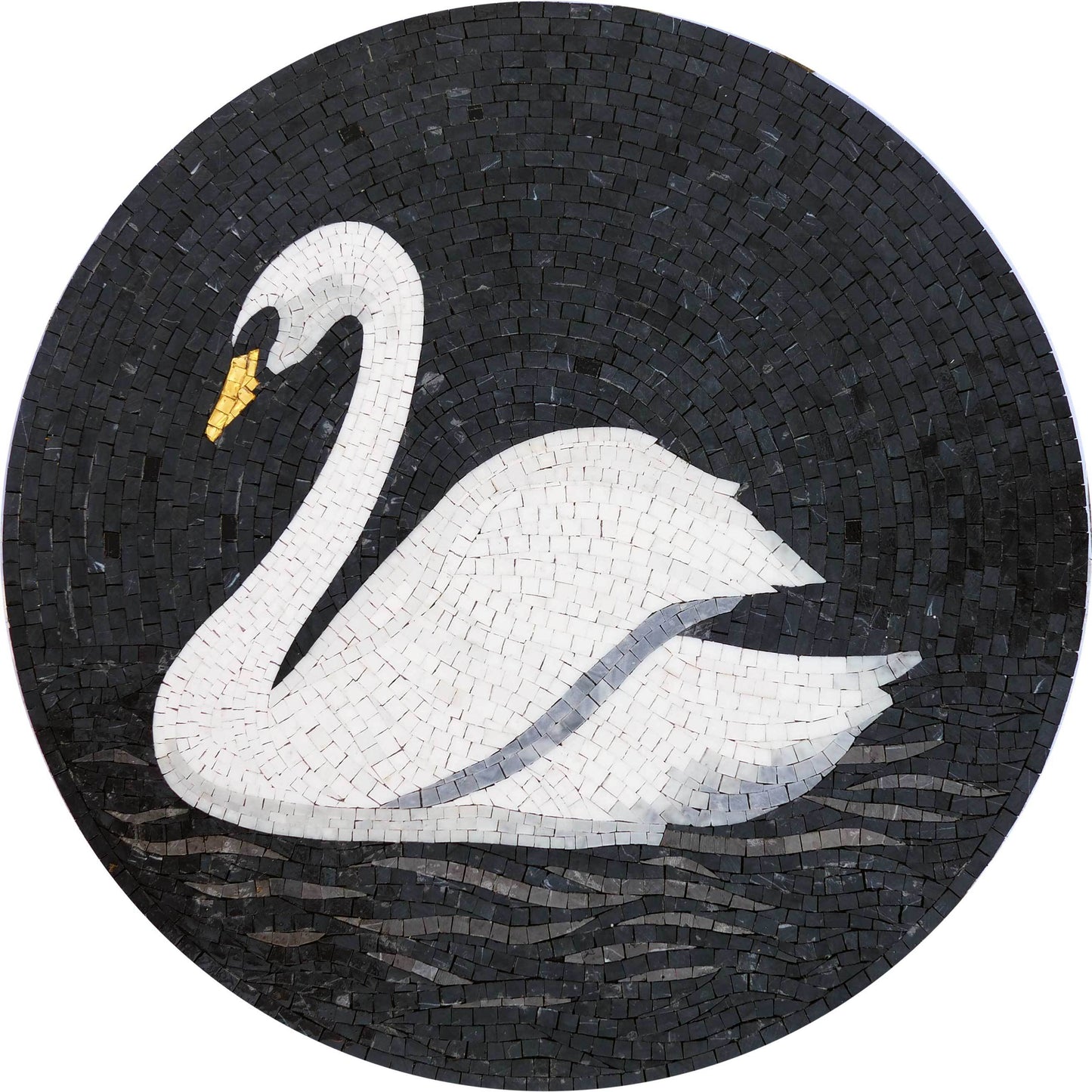 Majestic White Swan Circular Pool Mosaic Medallion - Black and Gold Mosaic Tiles Water Feature Art