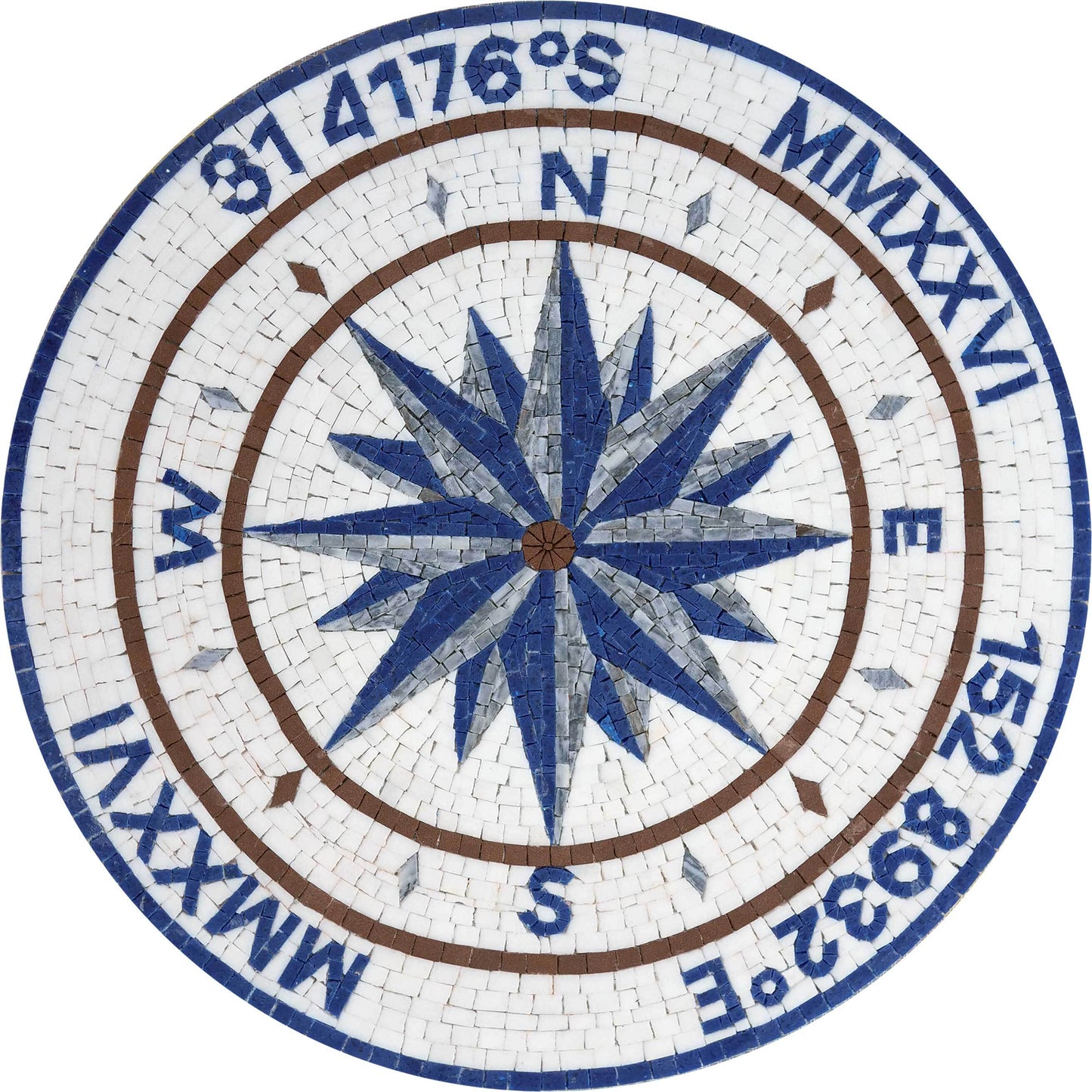 Custom Nautical Compass Rose Mosaic Tile Medallion with Coordinates - Blue and White Floor Mosaic