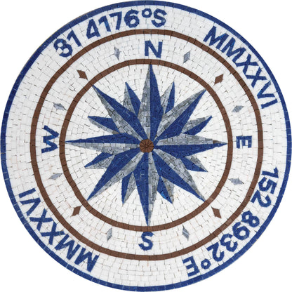 Custom Nautical Compass Rose Mosaic Tile Medallion with Coordinates - Blue and White Floor Mosaic