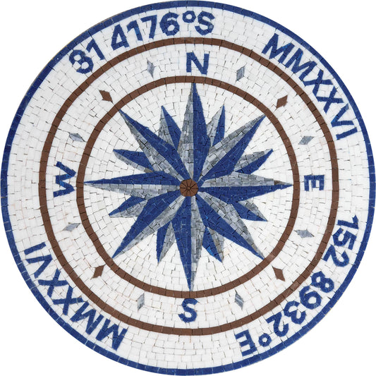 Custom Nautical Compass Rose Mosaic Tile Medallion with Coordinates - Blue and White Floor Mosaic