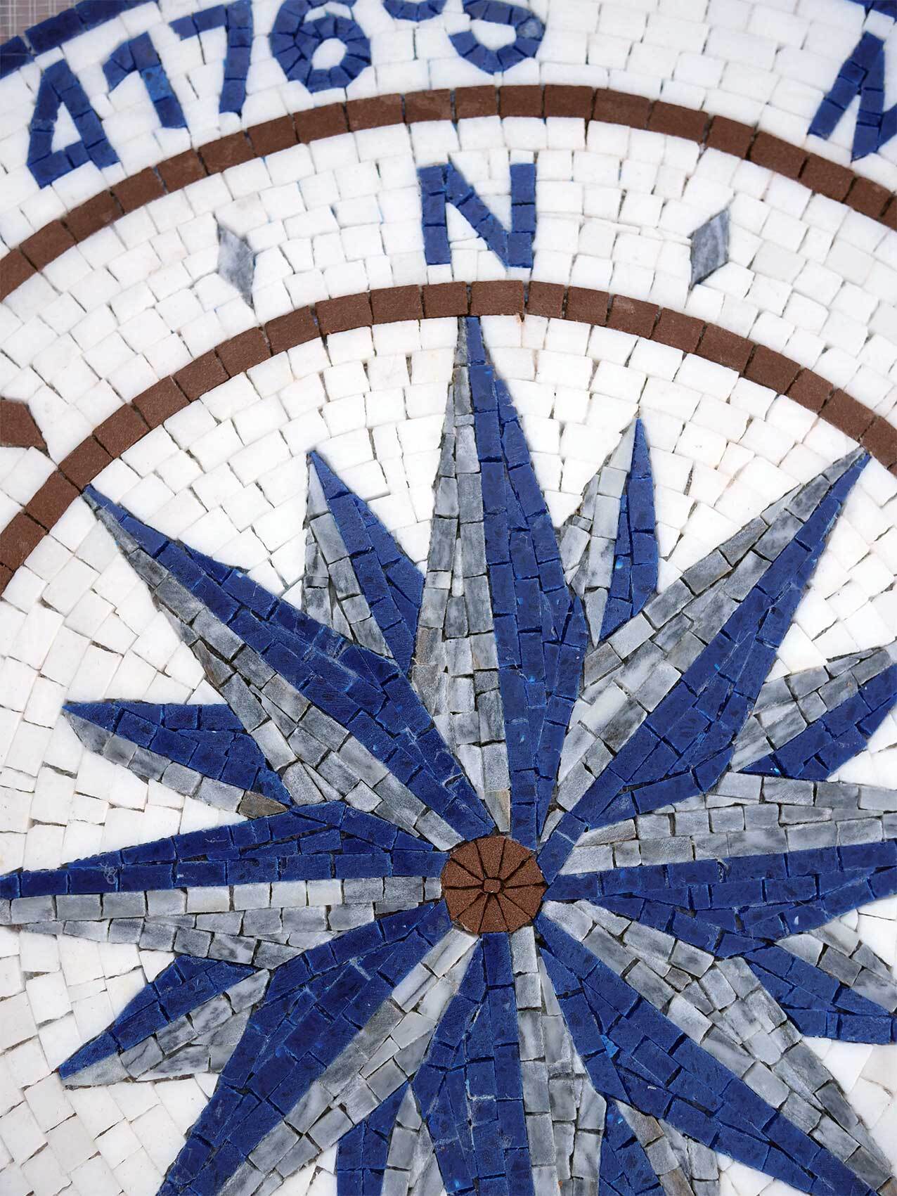 Custom Nautical Compass Rose Mosaic Tile Medallion with Coordinates - Blue and White Floor Mosaic