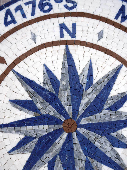 Custom Nautical Compass Rose Mosaic Tile Medallion with Coordinates - Blue and White Floor Mosaic