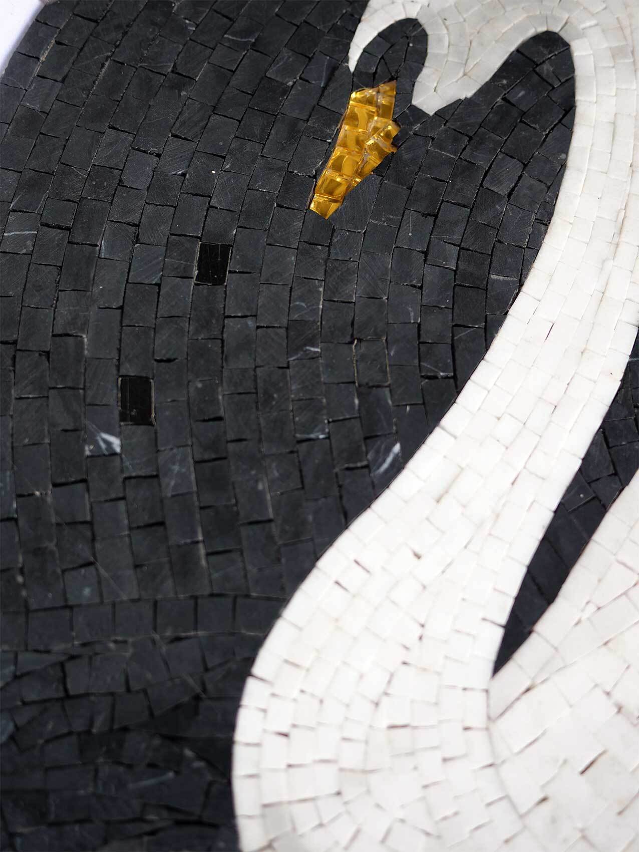 Majestic White Swan Circular Pool Mosaic Medallion - Black and Gold Mosaic Tiles Water Feature Art