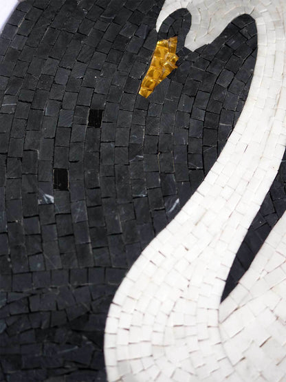 Majestic White Swan Circular Pool Mosaic Medallion - Black and Gold Mosaic Tiles Water Feature Art