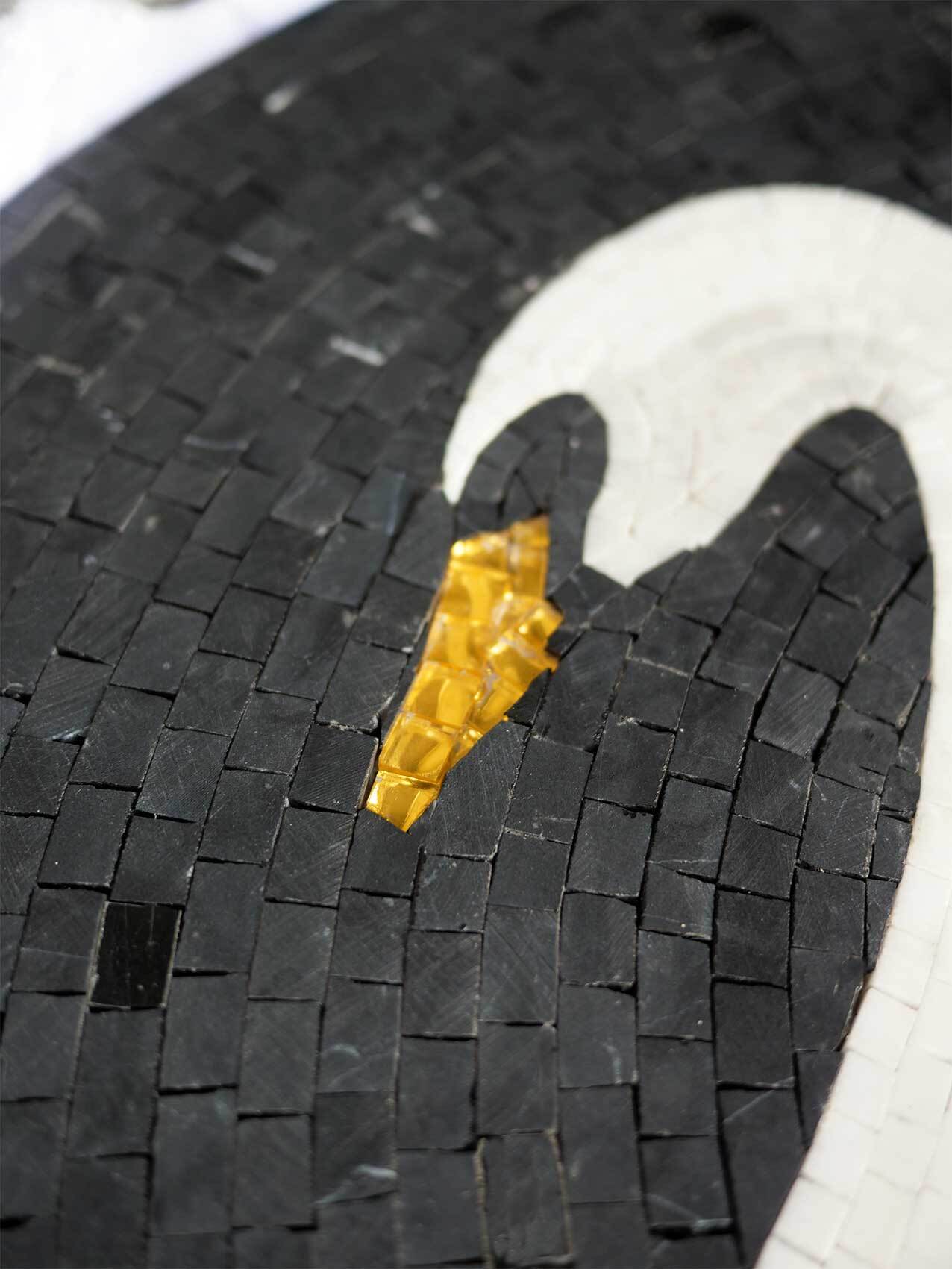 Majestic White Swan Circular Pool Mosaic Medallion - Black and Gold Mosaic Tiles Water Feature Art