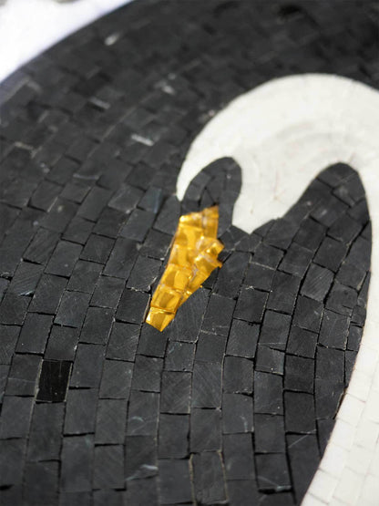 Majestic White Swan Circular Pool Mosaic Medallion - Black and Gold Mosaic Tiles Water Feature Art