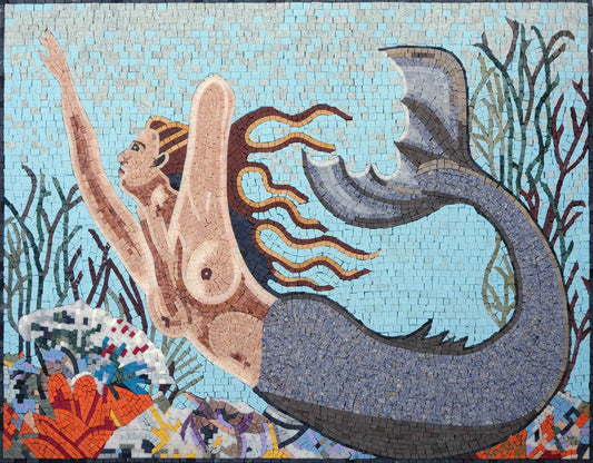 Dynamic Pool Mosaic of Rising Mermaid - Mythological Mosaic Tiles for Underwater Art