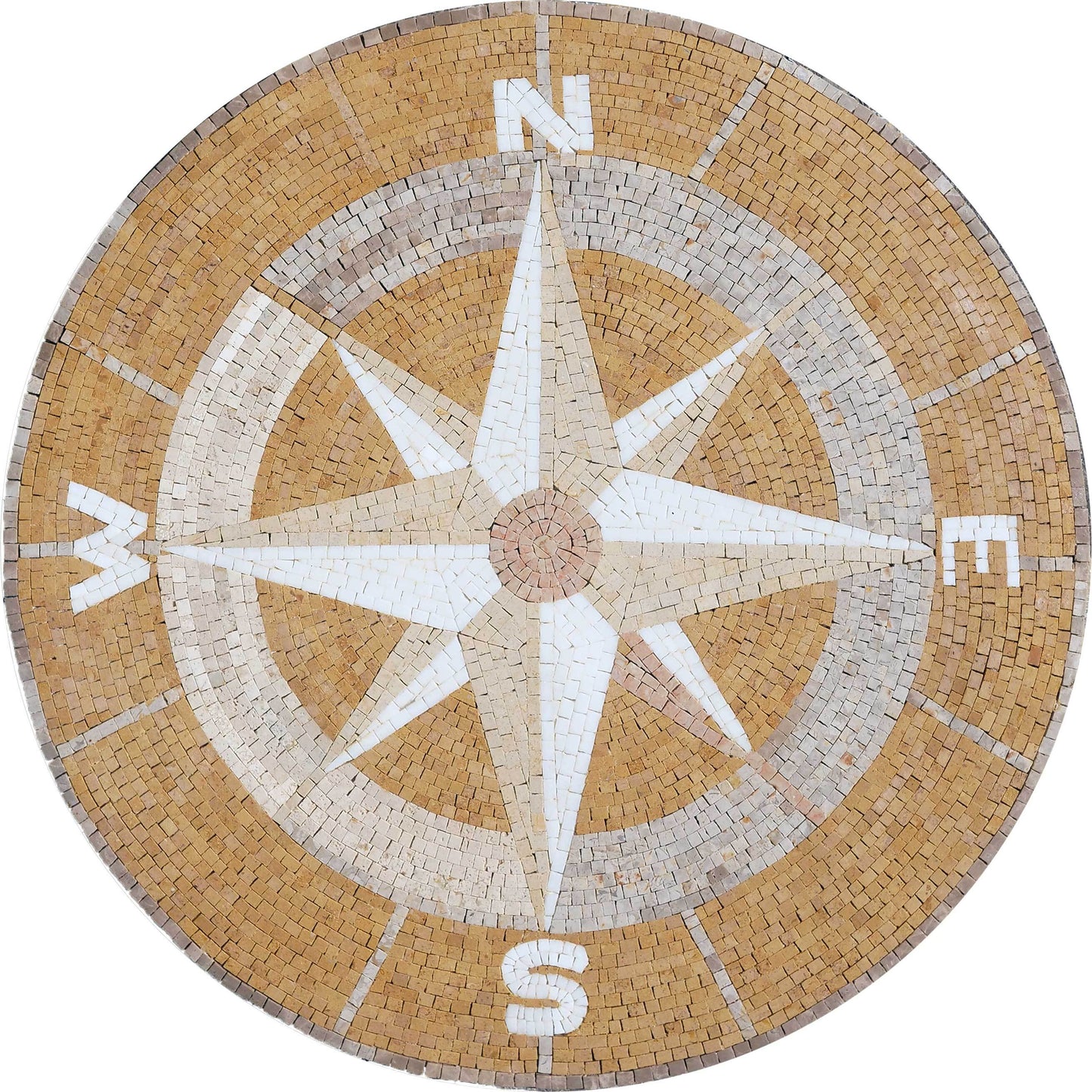 Nautical Compass Rose Mosaic Tile Medallion - Tan and White Floor Mosaic for Patios or Entryways