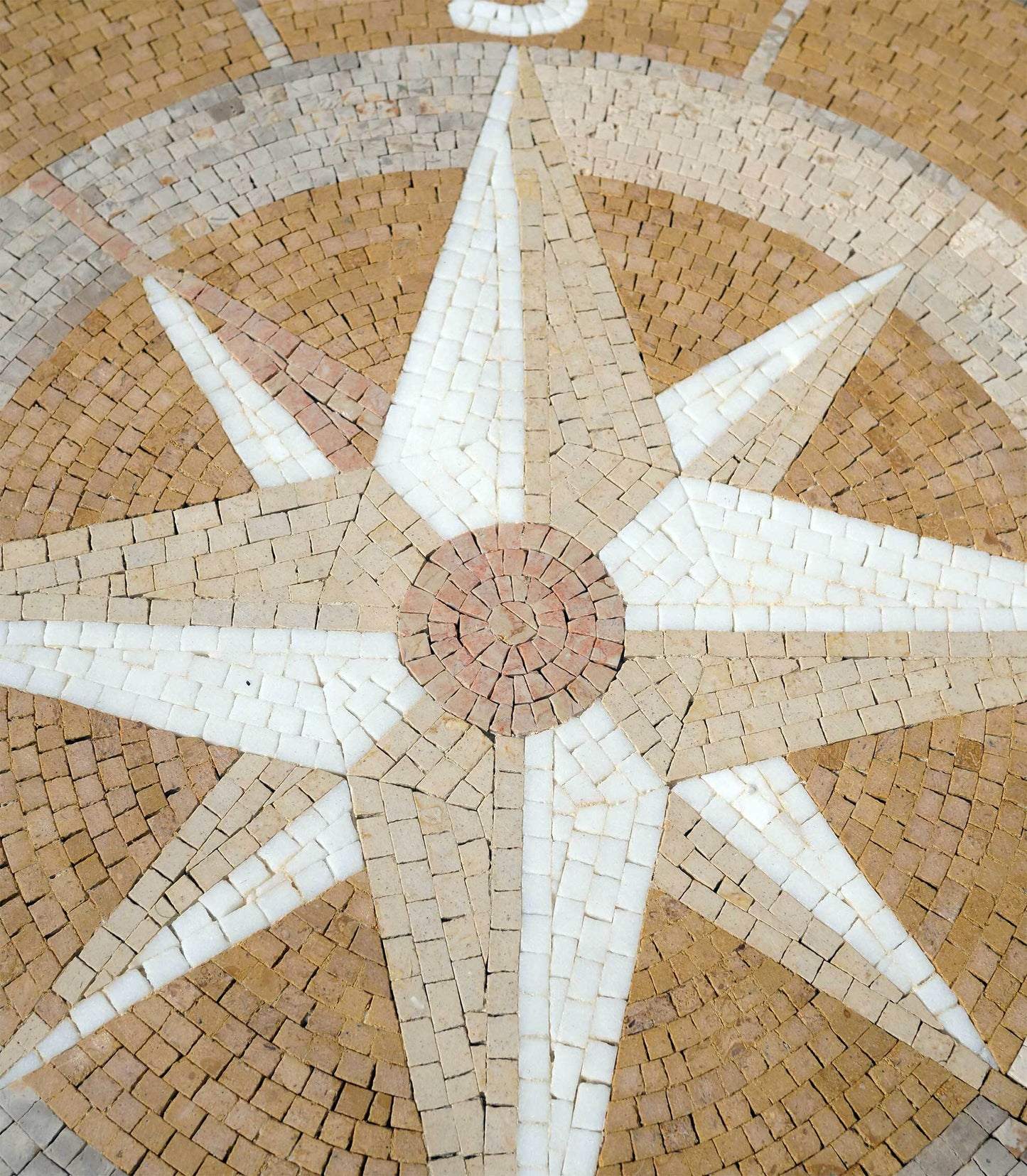 Nautical Compass Rose Mosaic Tile Medallion - Tan and White Floor Mosaic for Patios or Entryways