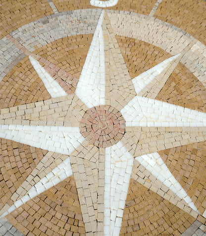 Nautical Compass Rose Mosaic Tile Medallion - Tan and White Floor Mosaic for Patios or Entryways
