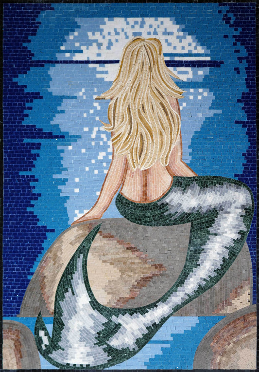 Mermaid Mosaic Wall Art – Handmade Marble Stone Tile Artwork - Mesh Backing