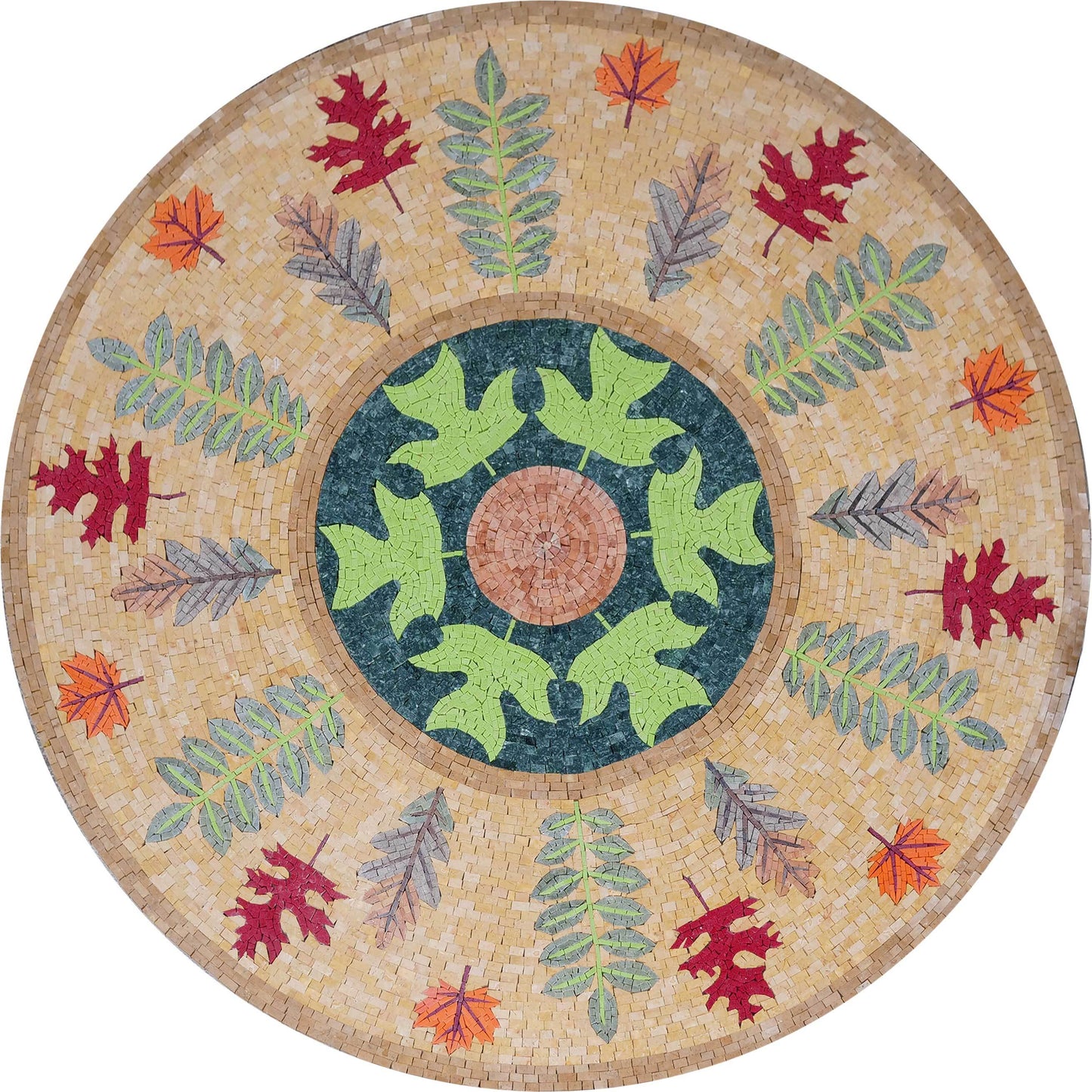 Autumn Leaves Round Medallion – Nature-Inspired Marble Floor & Wall Mosaic - Mesh Backing