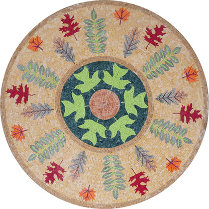 Autumn Leaves Round Medallion – Nature-Inspired Marble Floor & Wall Mosaic - Mesh Backing