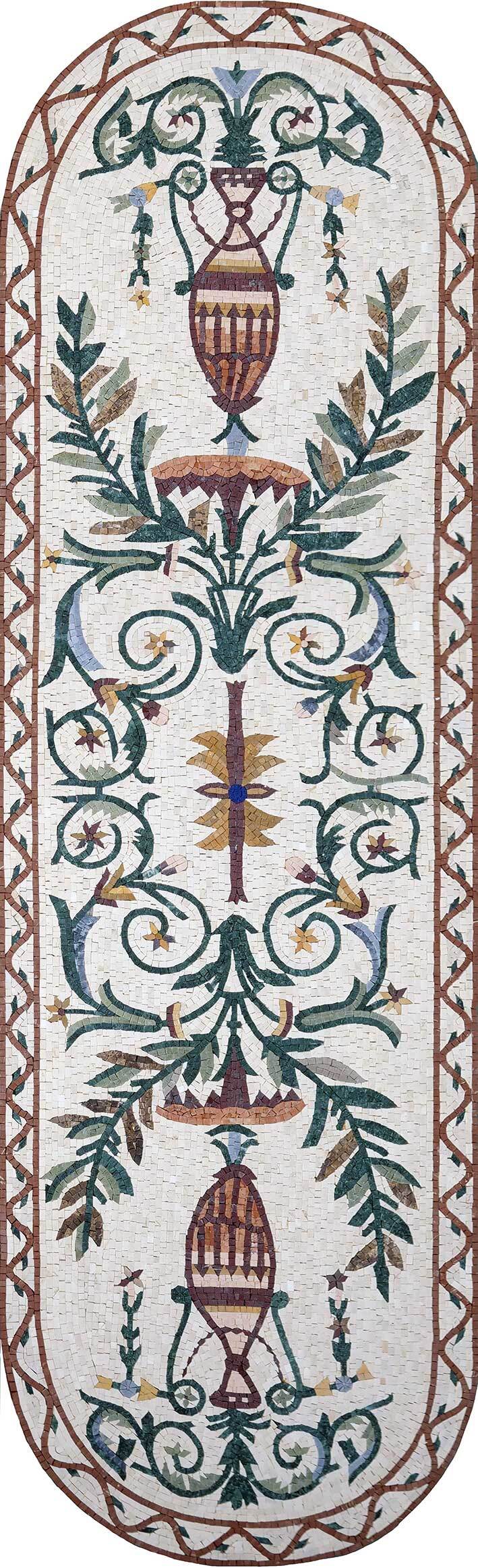Classical Urn & Botanical Scroll Runner – Tall Marble Mosaic Wall Panel - Mesh Backing