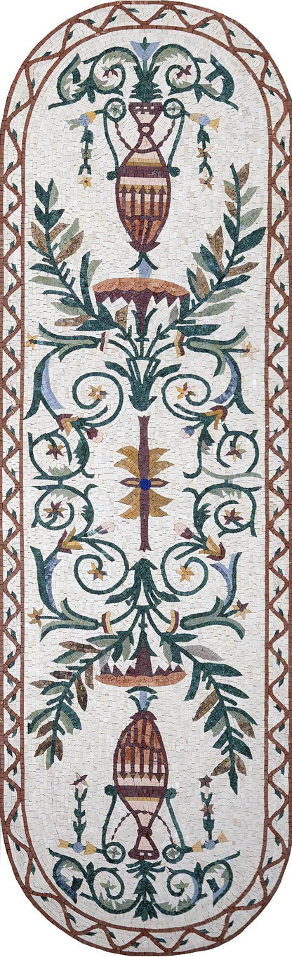 Classical Urn & Botanical Scroll Runner – Tall Marble Mosaic Wall Panel - Mesh Backing
