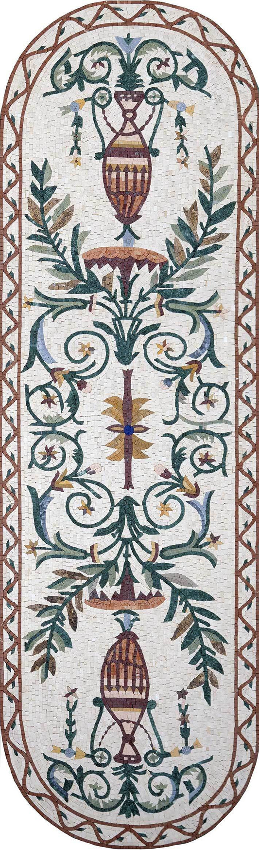Classical Urn & Botanical Scroll Runner – Tall Marble Mosaic Wall Panel - Mesh Backing
