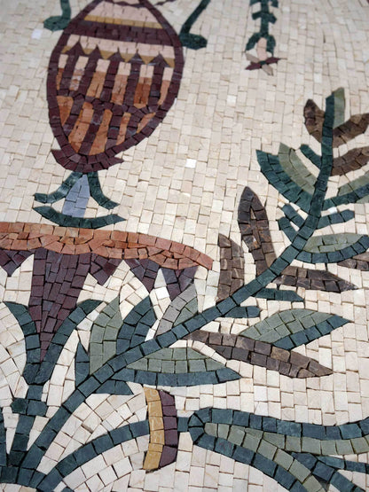 Classical Urn & Botanical Scroll Runner – Tall Marble Mosaic Wall Panel - Mesh Backing