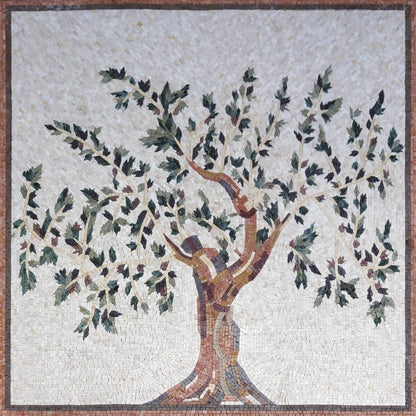 Ancient Olive Tree – Mediterranean Natural Stone Mosaic Wall Art - Mesh Backing