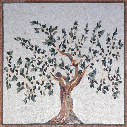 Ancient Olive Tree – Mediterranean Natural Stone Mosaic Wall Art - Mesh Backing