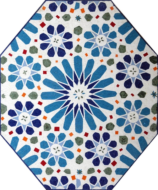 Blue Floral Octagon Medallion – Marble Mosaic Floor & Wall Art - Mesh Backing