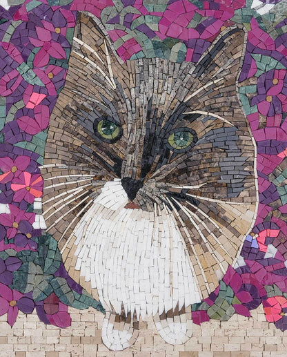 Cat Portrait with Pink Flowers – Marble Mosaic Wall Art - Mesh Backing
