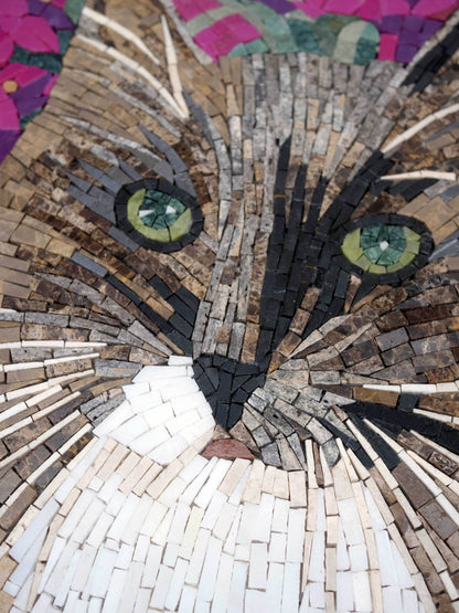 Cat Portrait with Pink Flowers – Marble Mosaic Wall Art - Mesh Backing