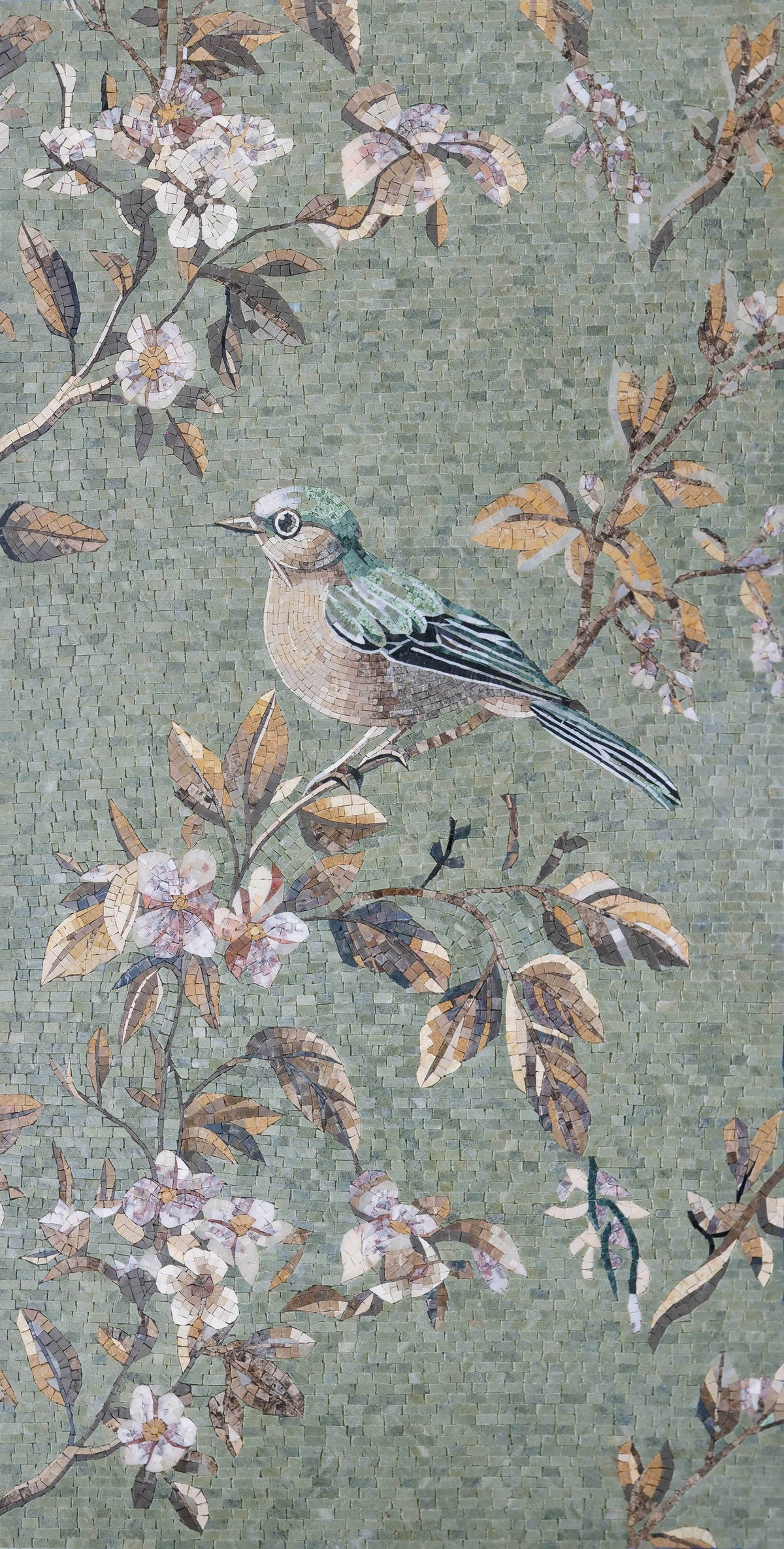 Songbird on Blossom Branch – Sage Green Marble Mosaic Wall Art - Mesh Backing