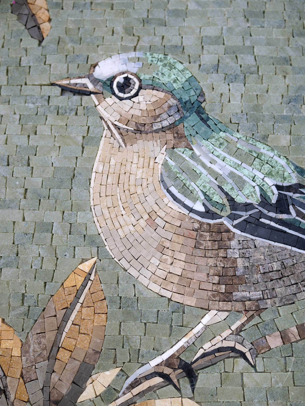 Songbird on Blossom Branch – Sage Green Marble Mosaic Wall Art - Mesh Backing