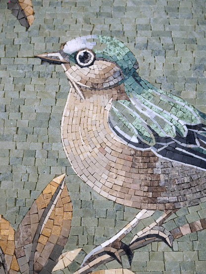 Songbird on Blossom Branch – Sage Green Marble Mosaic Wall Art - Mesh Backing